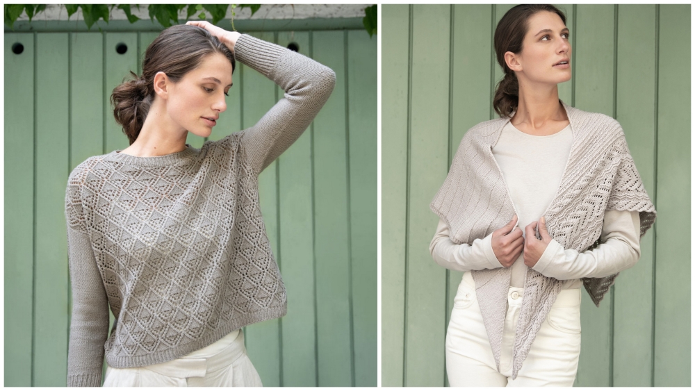 Collage with two pictures: A dark-haired woman wearing the grey knitted sweater Let if Fall with an eye-catching lace pattern all over the front. Next to it: THe same woman wearing the beige-coloured shawl Delightful with a lace edge around her shoulders